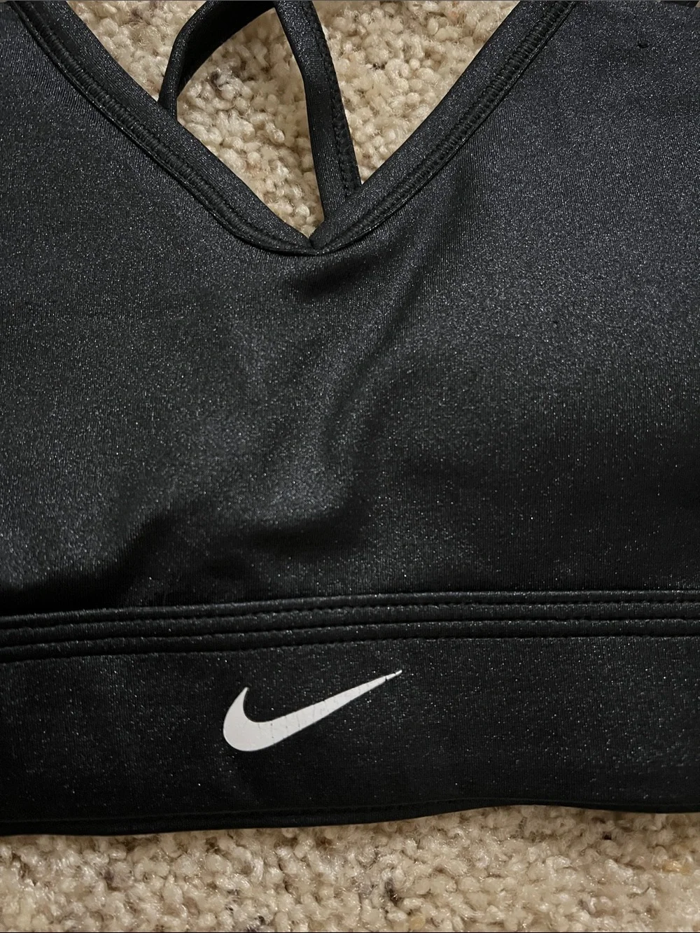 Nike Black Strappy V‑Neck Sports Bra with White Swoosh